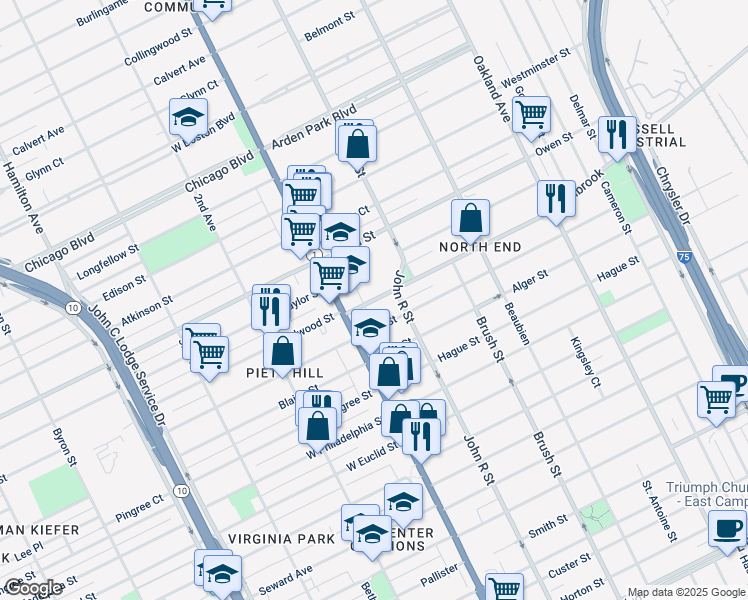 map of restaurants, bars, coffee shops, grocery stores, and more near 59 King Street in Detroit