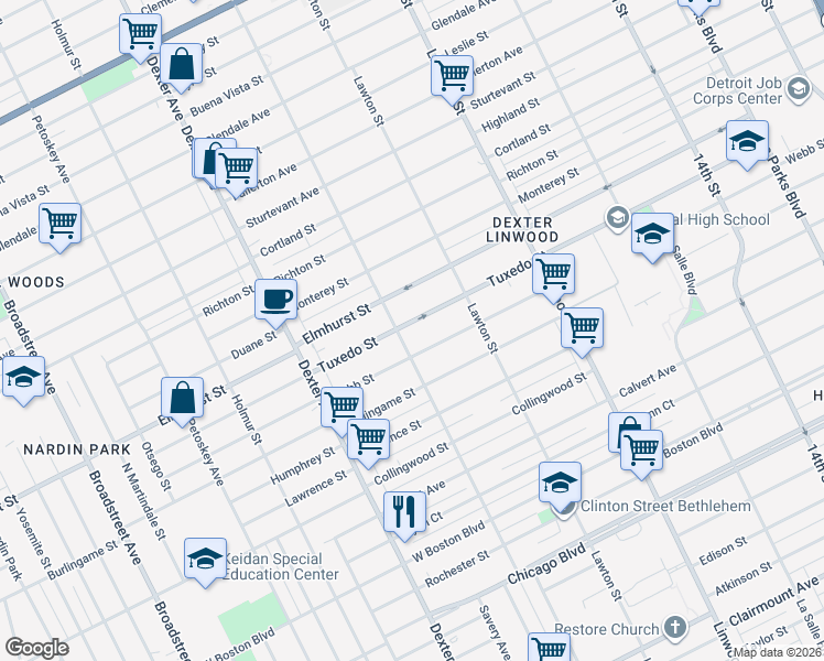 map of restaurants, bars, coffee shops, grocery stores, and more near 3210 Webb Street in Detroit