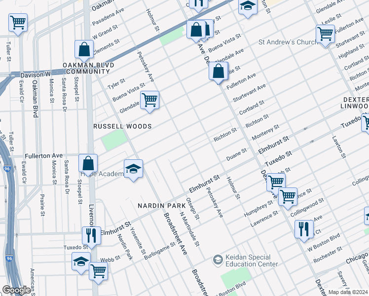map of restaurants, bars, coffee shops, grocery stores, and more near 4244 Richton Street in Detroit