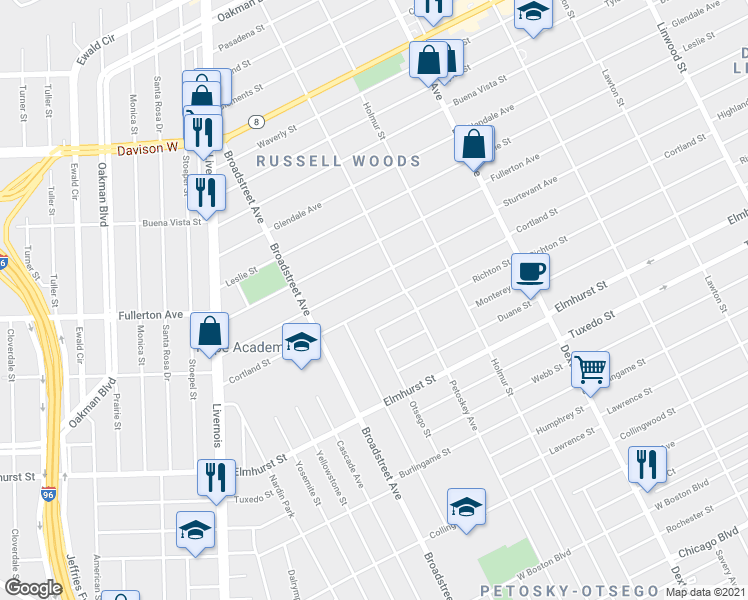 map of restaurants, bars, coffee shops, grocery stores, and more near 4311 Cortland Street in Detroit