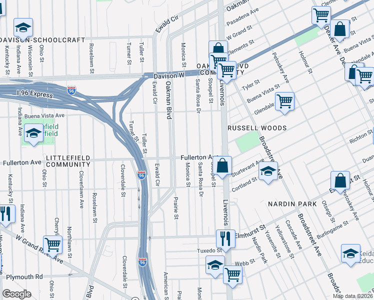 map of restaurants, bars, coffee shops, grocery stores, and more near 12420 Monica Street in Detroit