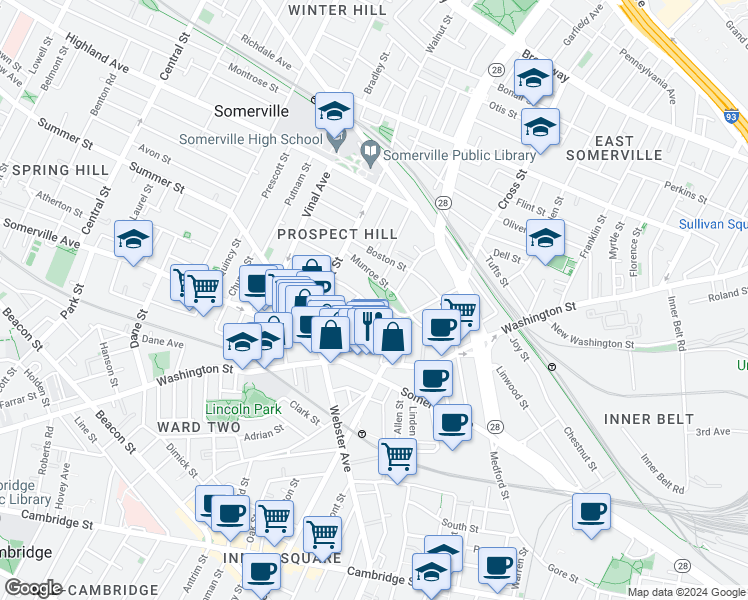 map of restaurants, bars, coffee shops, grocery stores, and more near 53 Columbus Avenue in Somerville