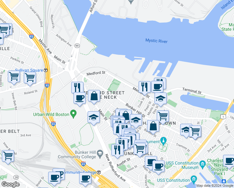 map of restaurants, bars, coffee shops, grocery stores, and more near 1 North Mead Street Court in Boston