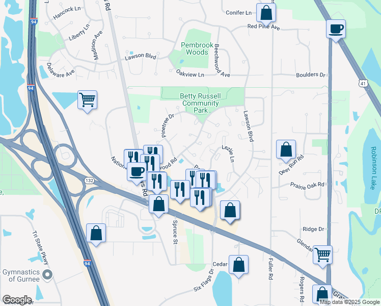 map of restaurants, bars, coffee shops, grocery stores, and more near 1398 Sherwood Court in Gurnee