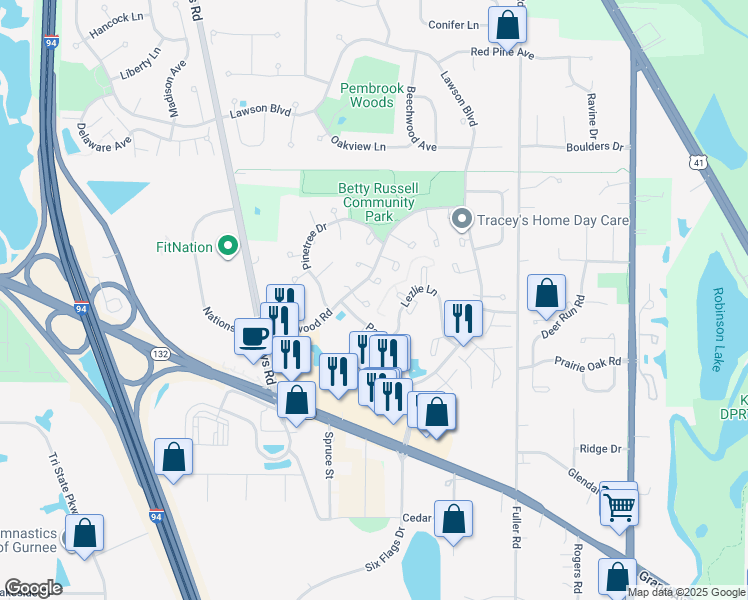 map of restaurants, bars, coffee shops, grocery stores, and more near 1397 Sherwood Court in Gurnee