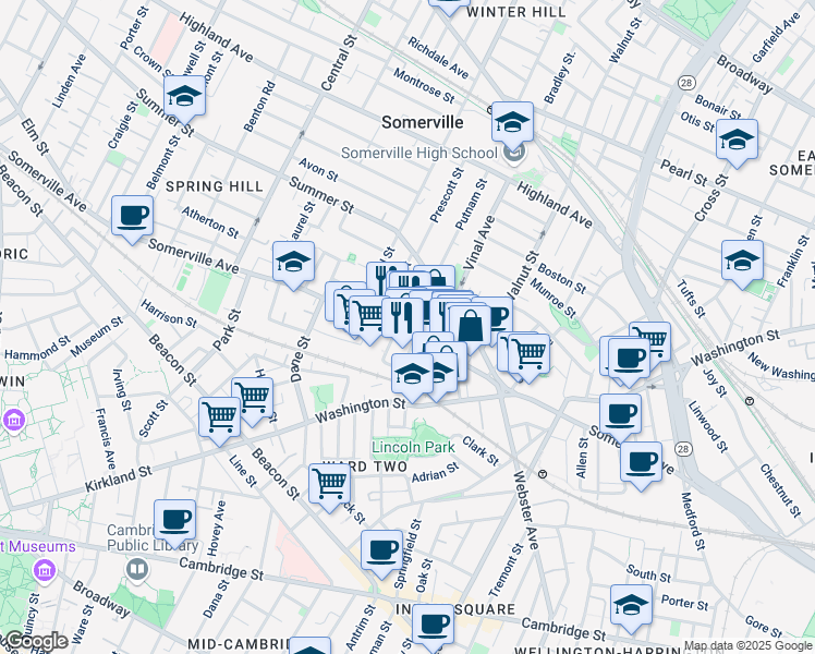 map of restaurants, bars, coffee shops, grocery stores, and more near 379 Somerville Avenue in Somerville