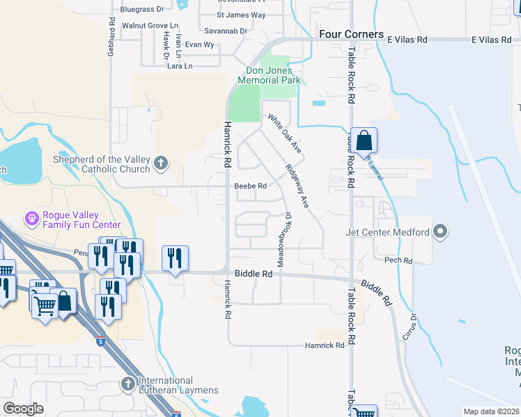 map of restaurants, bars, coffee shops, grocery stores, and more near 306 Live Oak Loop in Central Point