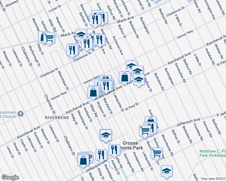 map of restaurants, bars, coffee shops, grocery stores, and more near Kercheval St & Lakepointe St in Grosse Pointe Park