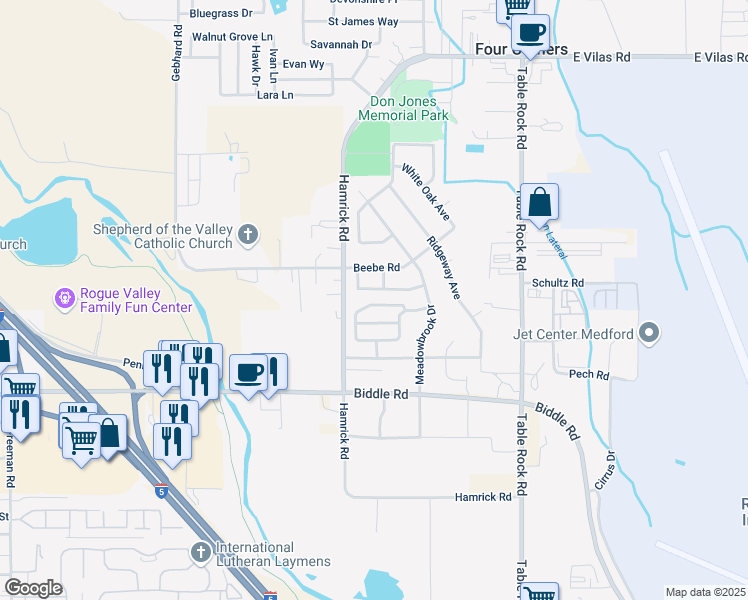 map of restaurants, bars, coffee shops, grocery stores, and more near 2526 Mistletoe Court in Central Point