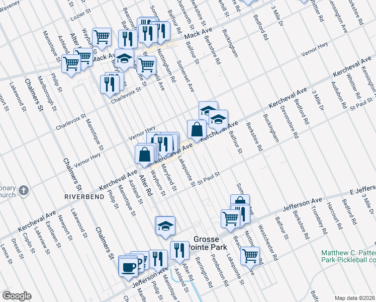 map of restaurants, bars, coffee shops, grocery stores, and more near in Grosse Pointe Park