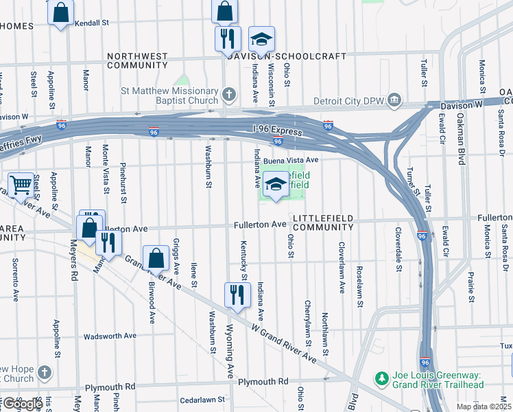 map of restaurants, bars, coffee shops, grocery stores, and more near 12611 Indiana Street in Detroit
