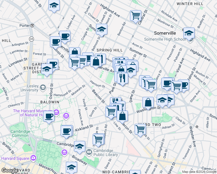 map of restaurants, bars, coffee shops, grocery stores, and more near 54 Park Street in Somerville