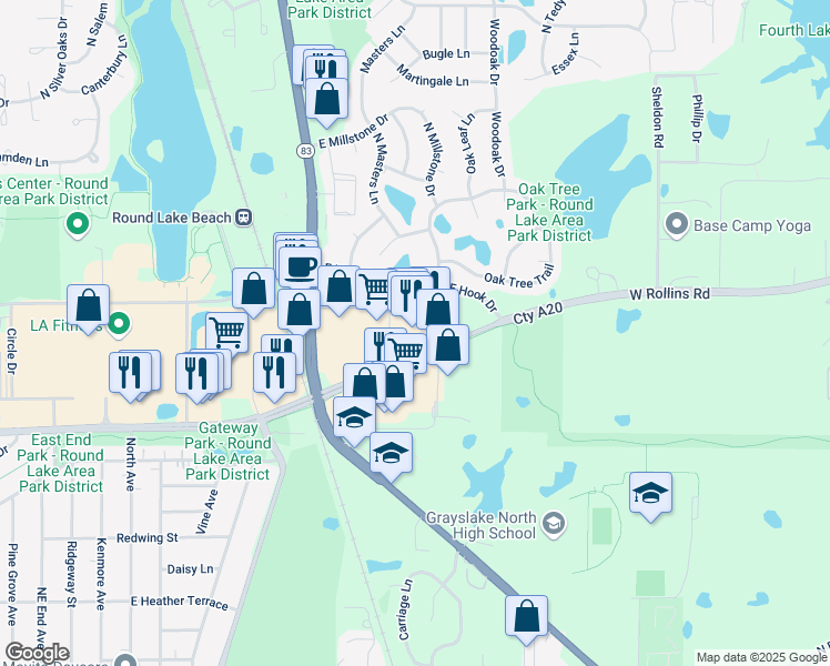 map of restaurants, bars, coffee shops, grocery stores, and more near 900 East Rollins Road in Round Lake
