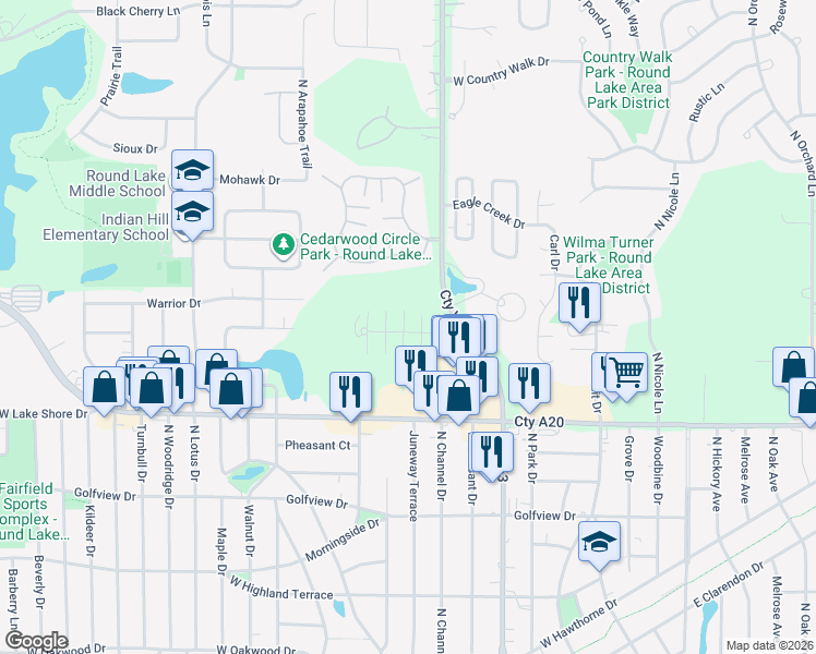 map of restaurants, bars, coffee shops, grocery stores, and more near 425 Meadow Green Lane in Round Lake Beach