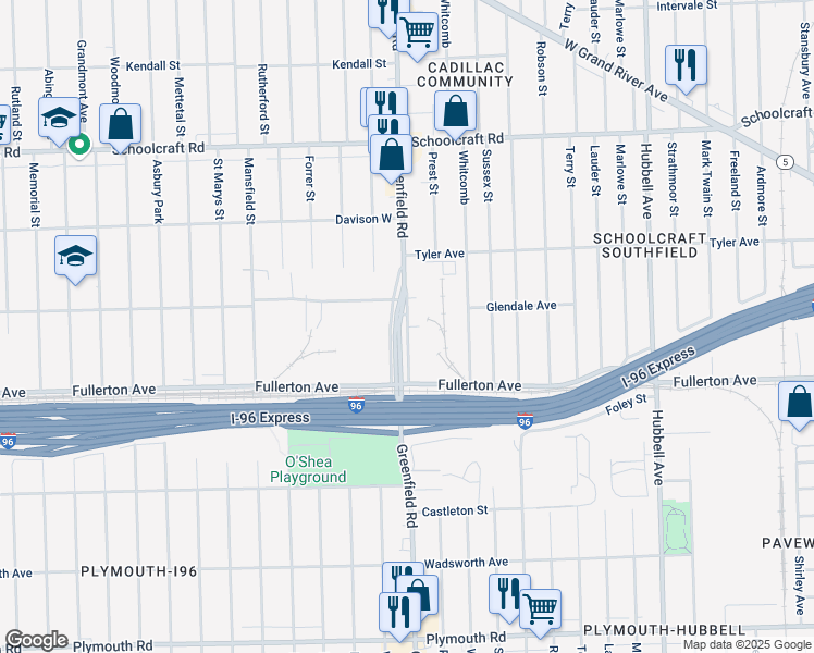 map of restaurants, bars, coffee shops, grocery stores, and more near Greenfield Srv Rd in Detroit