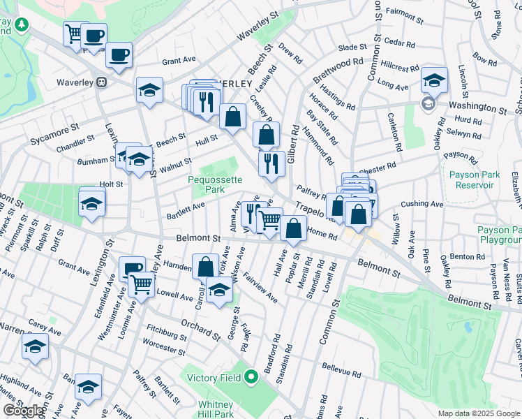map of restaurants, bars, coffee shops, grocery stores, and more near 48 Harriet Avenue in Belmont