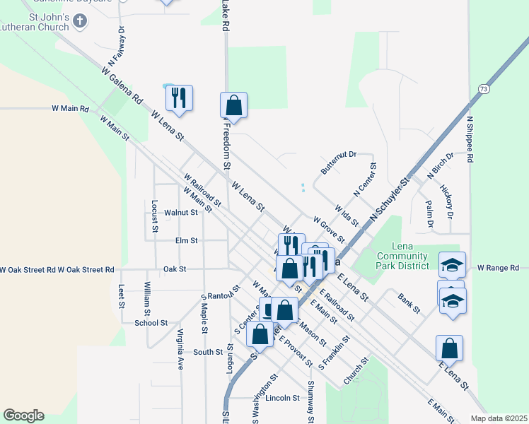 map of restaurants, bars, coffee shops, grocery stores, and more near North Vernon Street in Lena