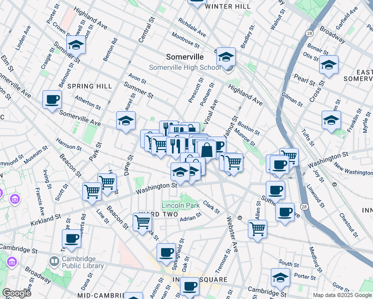 map of restaurants, bars, coffee shops, grocery stores, and more near 63 Bow Street in Somerville