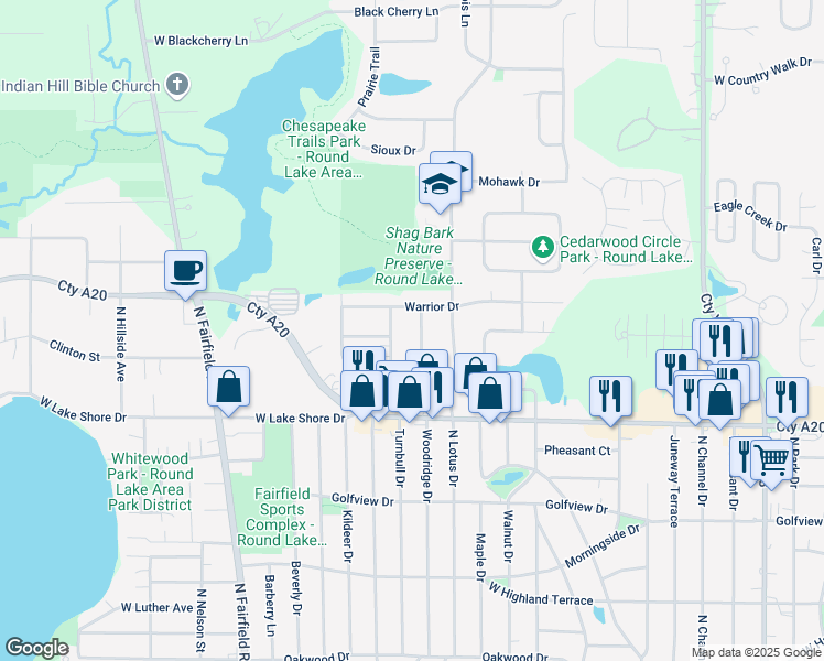map of restaurants, bars, coffee shops, grocery stores, and more near 1725 Brentwood Drive in Round Lake Heights