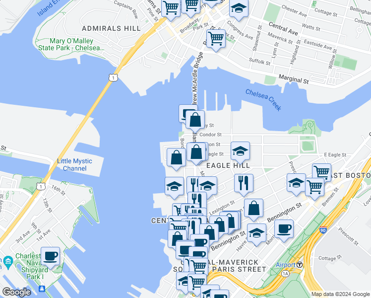 map of restaurants, bars, coffee shops, grocery stores, and more near 401 Border Street in Boston