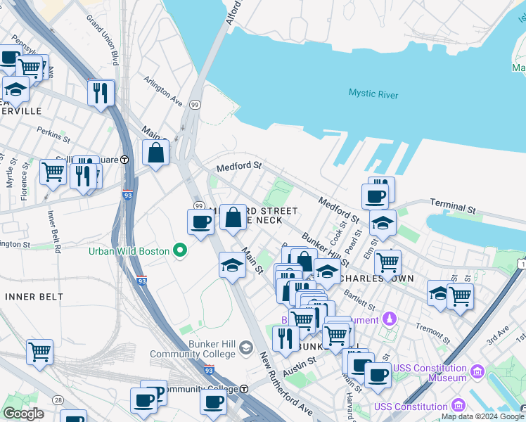 map of restaurants, bars, coffee shops, grocery stores, and more near in Boston