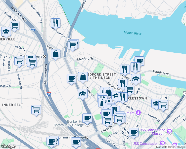 map of restaurants, bars, coffee shops, grocery stores, and more near in Boston