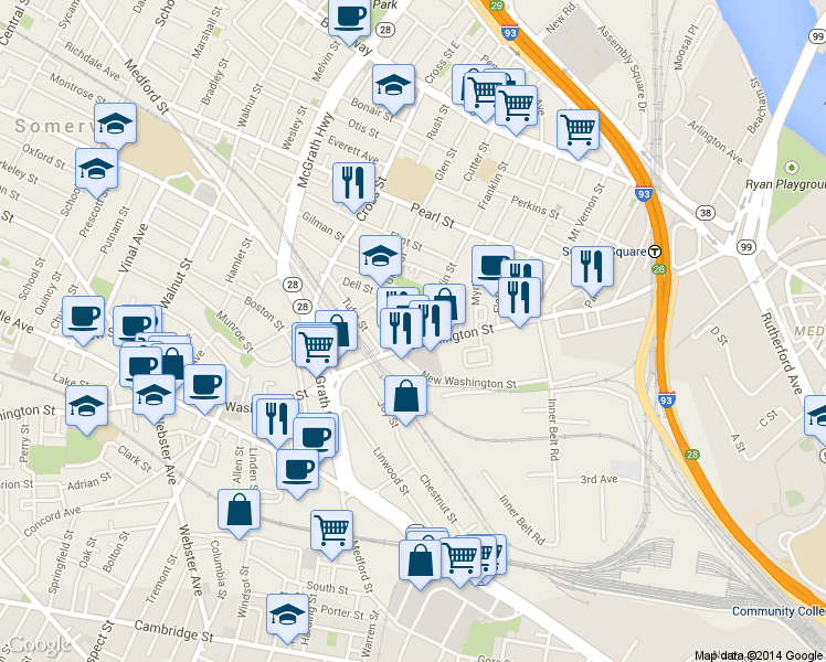 map of restaurants, bars, coffee shops, grocery stores, and more near in Somerville