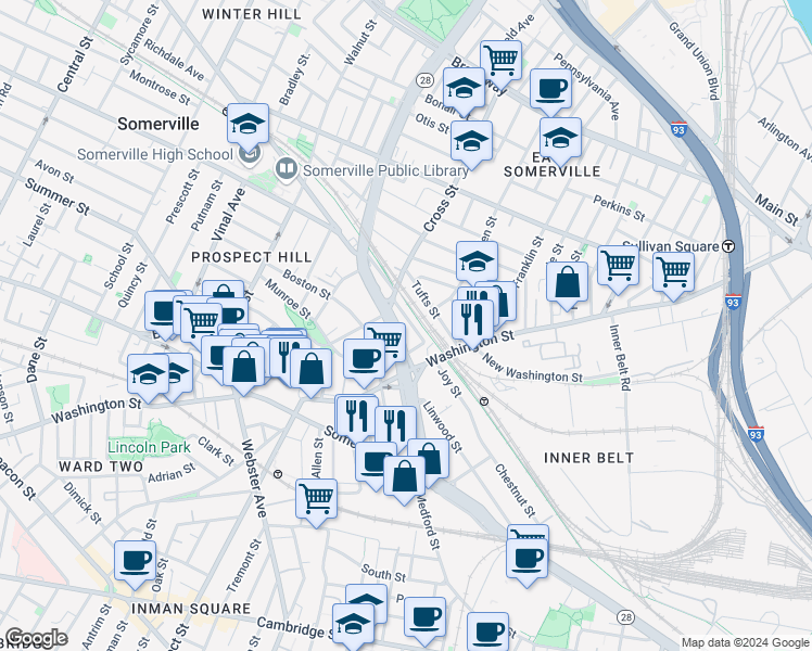 map of restaurants, bars, coffee shops, grocery stores, and more near 57 Alston Street in Somerville