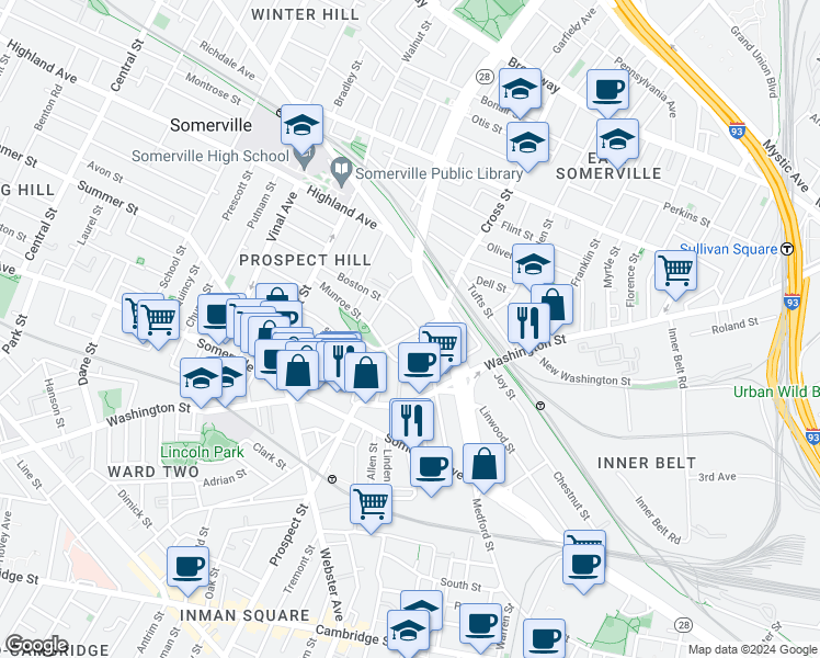 map of restaurants, bars, coffee shops, grocery stores, and more near 22 Boston Street in Somerville