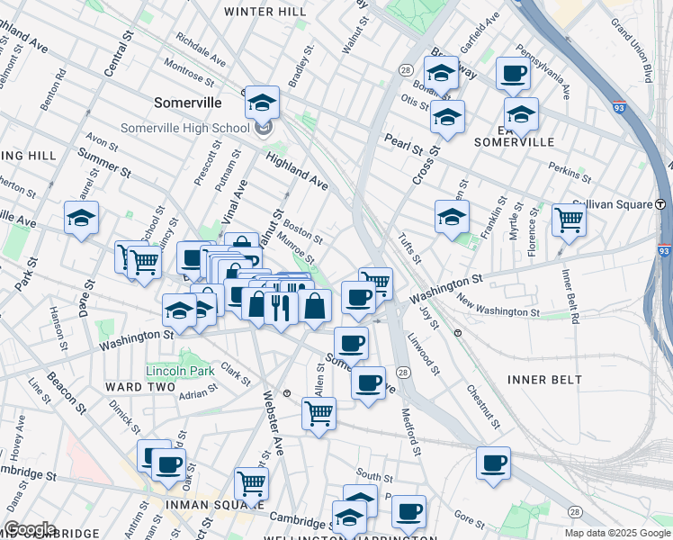 map of restaurants, bars, coffee shops, grocery stores, and more near 24 Prospect Hill Avenue in Somerville