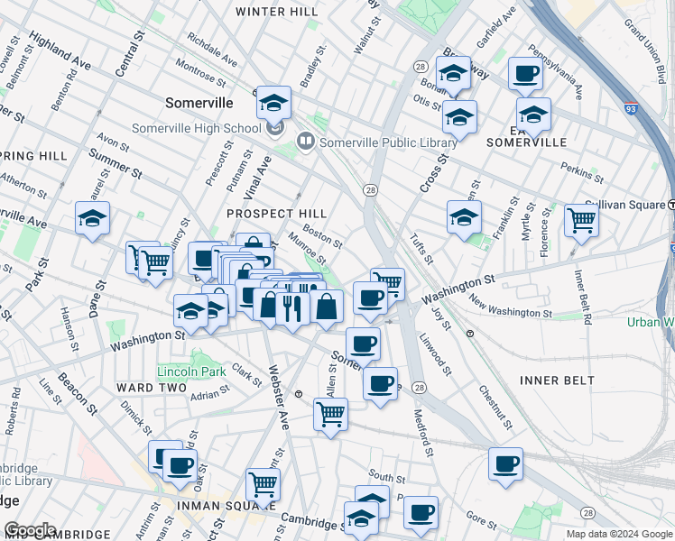 map of restaurants, bars, coffee shops, grocery stores, and more near 24 Prospect Hill Avenue in Somerville