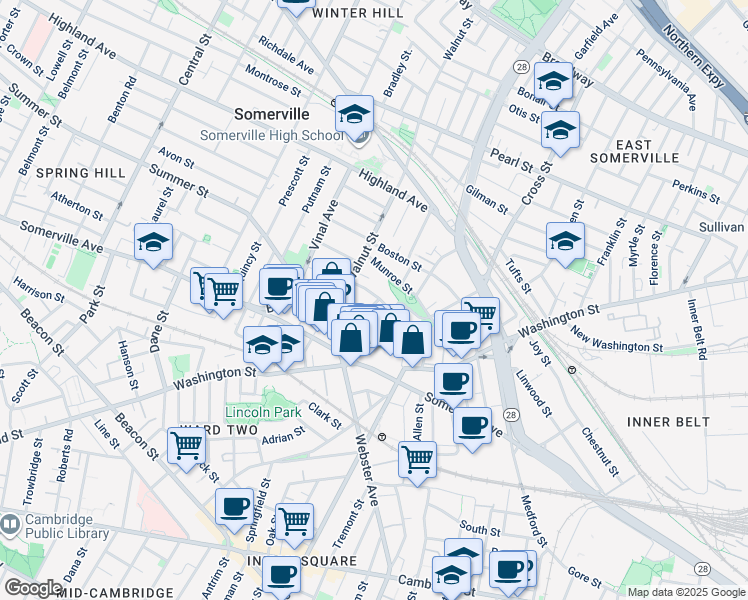 map of restaurants, bars, coffee shops, grocery stores, and more near 13 Warren Avenue in Somerville