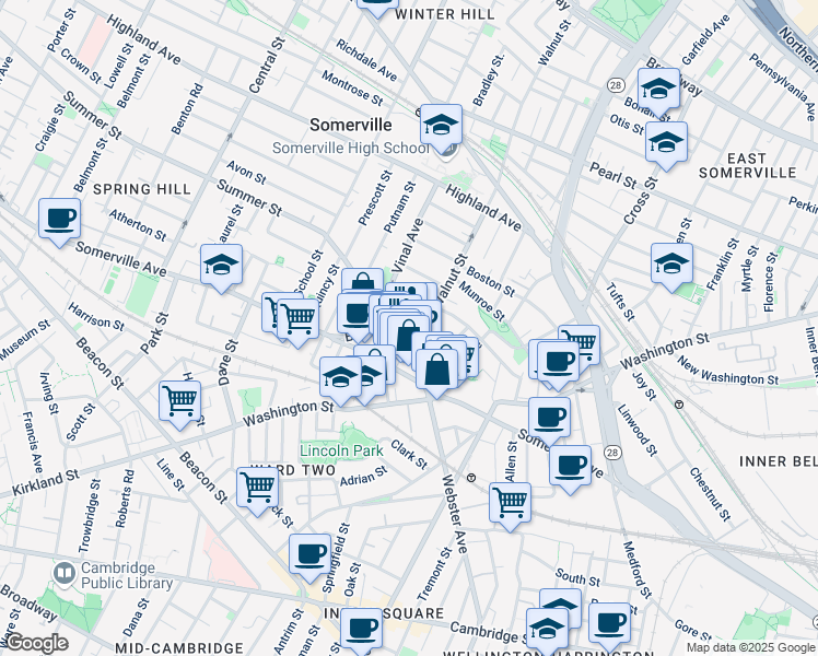 map of restaurants, bars, coffee shops, grocery stores, and more near 26 Bow Street in Somerville
