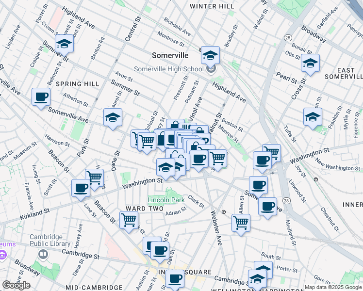 map of restaurants, bars, coffee shops, grocery stores, and more near 1 Bow Market Way in Somerville