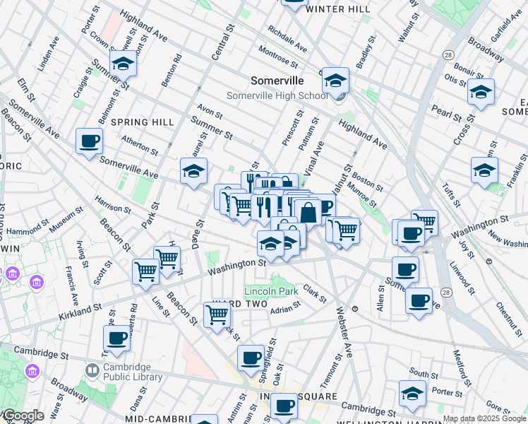map of restaurants, bars, coffee shops, grocery stores, and more near in Somerville