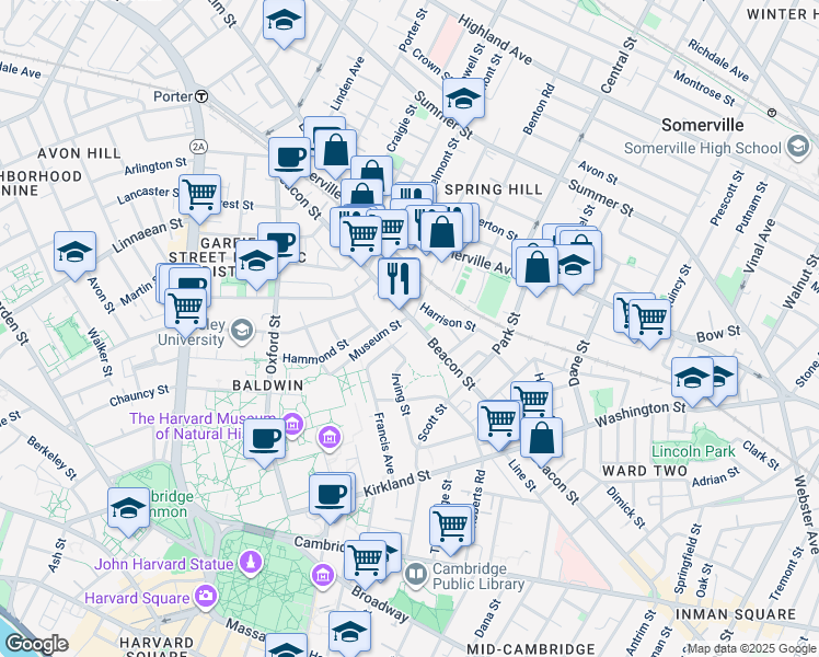 map of restaurants, bars, coffee shops, grocery stores, and more near 136 Irving Street in Cambridge