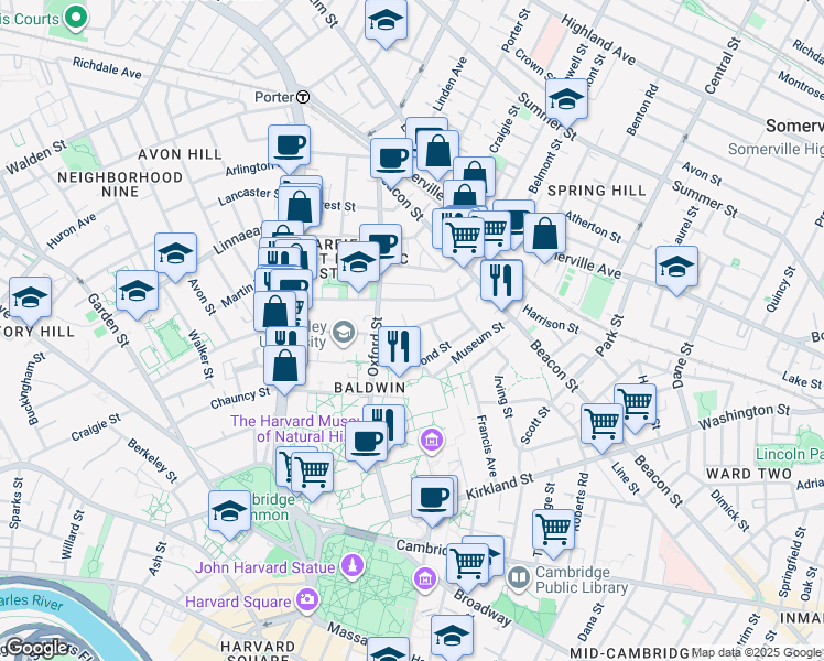 map of restaurants, bars, coffee shops, grocery stores, and more near 39 Hammond Street in Cambridge