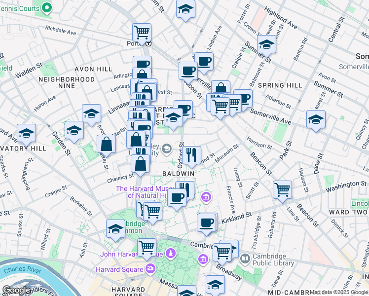 map of restaurants, bars, coffee shops, grocery stores, and more near 37 Mellen Street in Cambridge