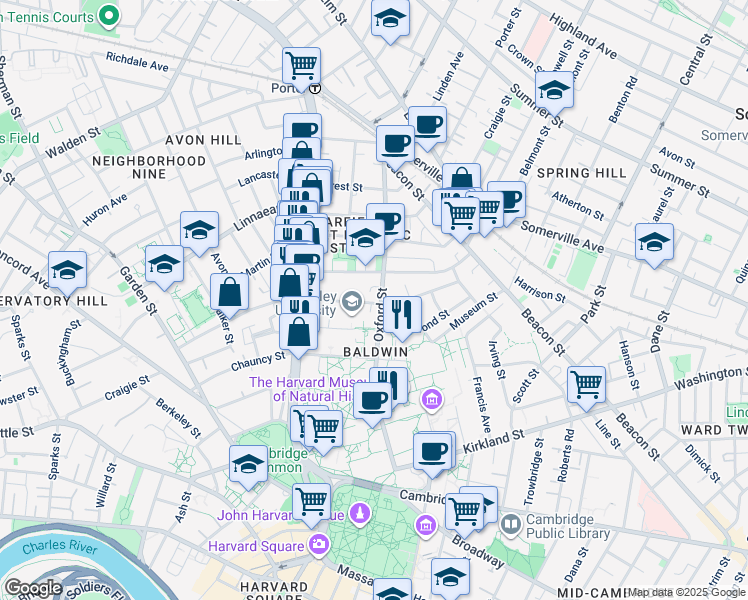 map of restaurants, bars, coffee shops, grocery stores, and more near 37 Mellen Street in Cambridge