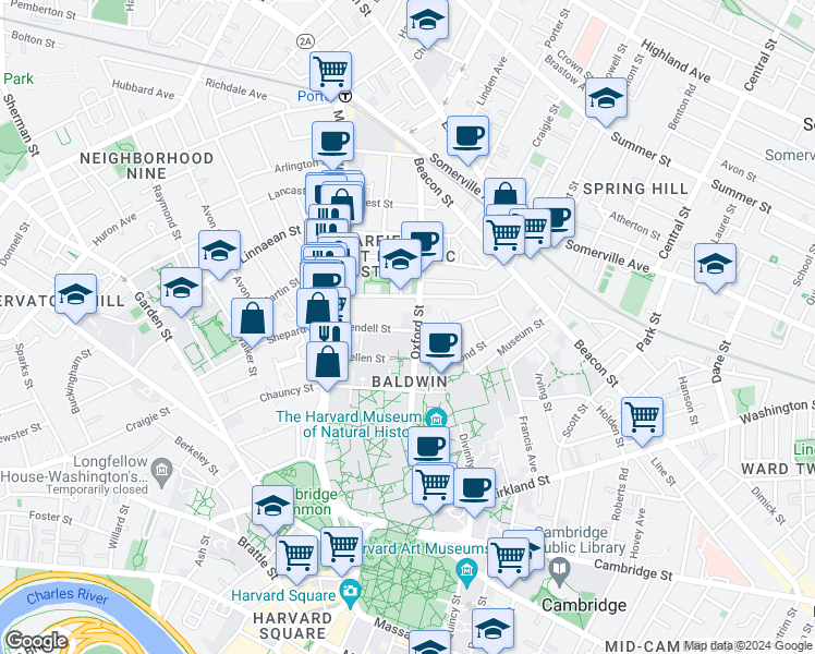 map of restaurants, bars, coffee shops, grocery stores, and more near 37 Mellen Street in Cambridge