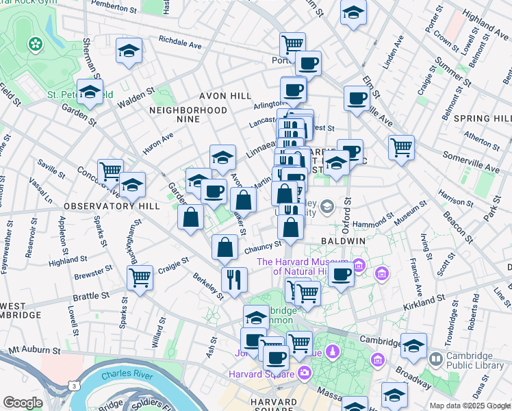 map of restaurants, bars, coffee shops, grocery stores, and more near 34 Shepard Street in Cambridge