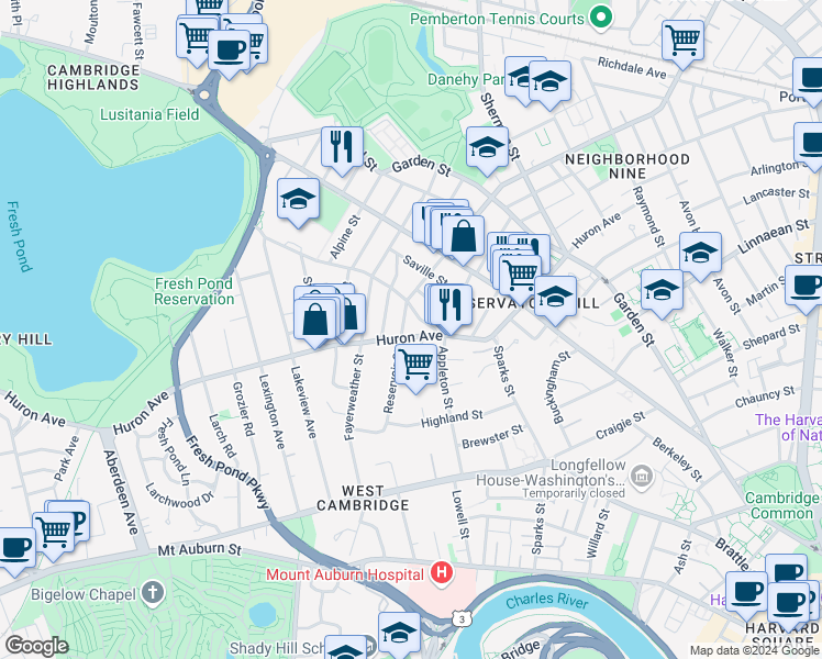 map of restaurants, bars, coffee shops, grocery stores, and more near 57 Reservoir Street in Cambridge