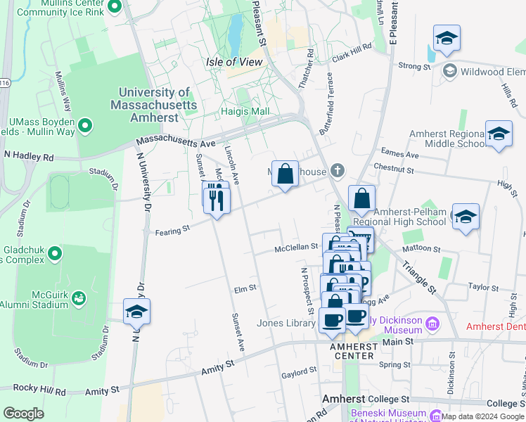 map of restaurants, bars, coffee shops, grocery stores, and more near 14 Cosby Avenue in Amherst