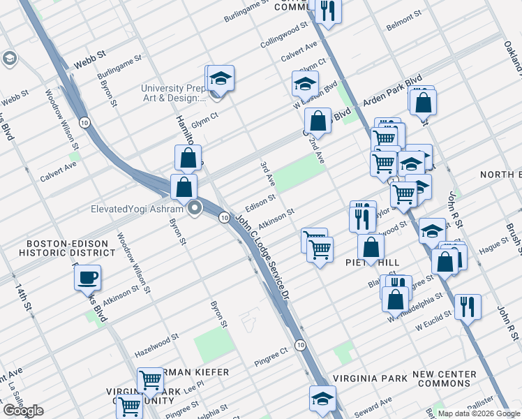 map of restaurants, bars, coffee shops, grocery stores, and more near 871 Atkinson Street in Detroit