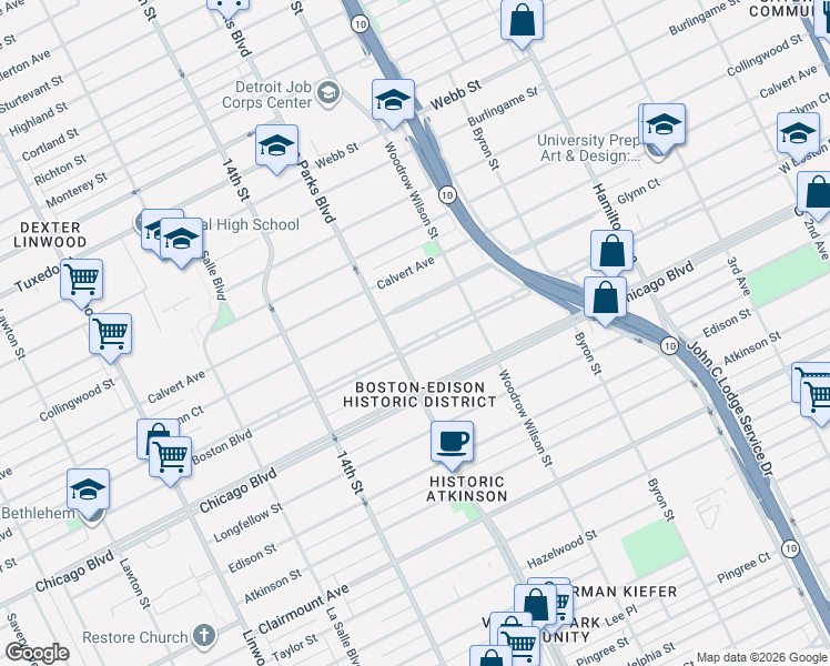 map of restaurants, bars, coffee shops, grocery stores, and more near 1717 West Boston Boulevard in Detroit