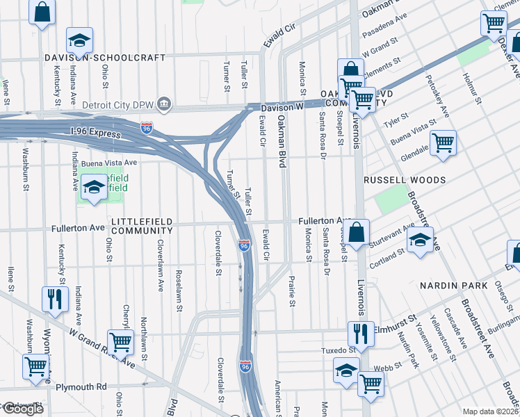 map of restaurants, bars, coffee shops, grocery stores, and more near 7501 Fullerton Avenue in Detroit