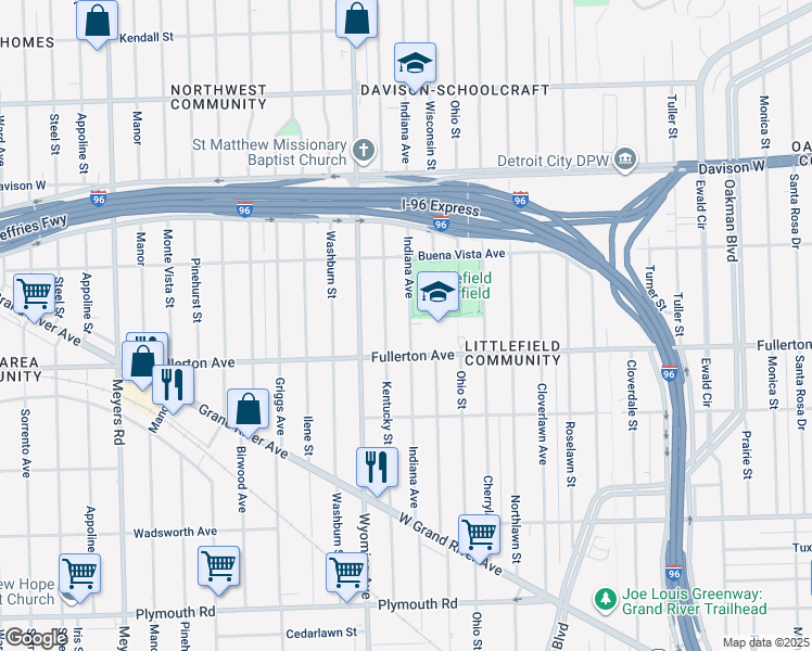 map of restaurants, bars, coffee shops, grocery stores, and more near 12611 Indiana Street in Detroit