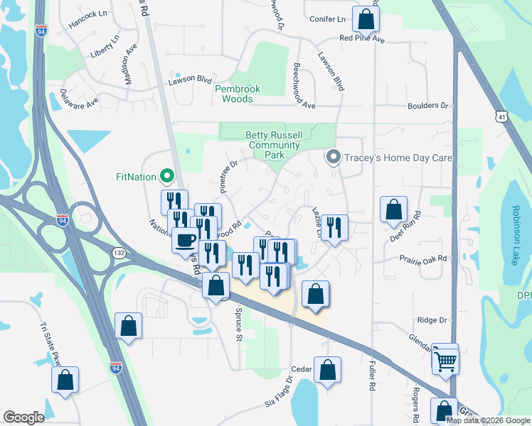 map of restaurants, bars, coffee shops, grocery stores, and more near 1398 Sherwood Court in Gurnee