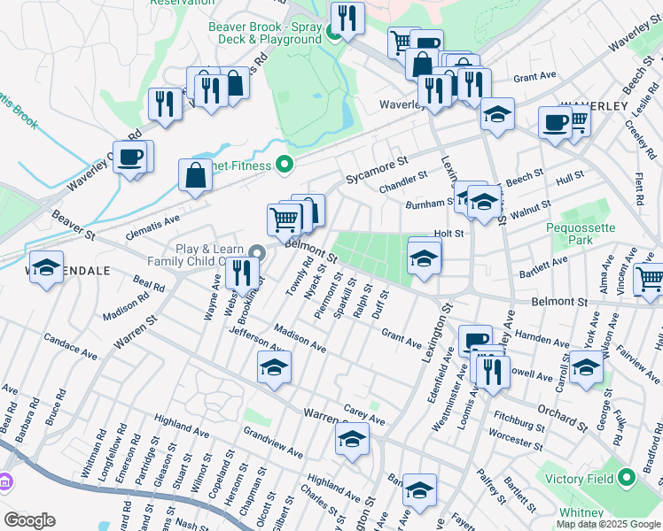 map of restaurants, bars, coffee shops, grocery stores, and more near 25 Piermont Street in Watertown
