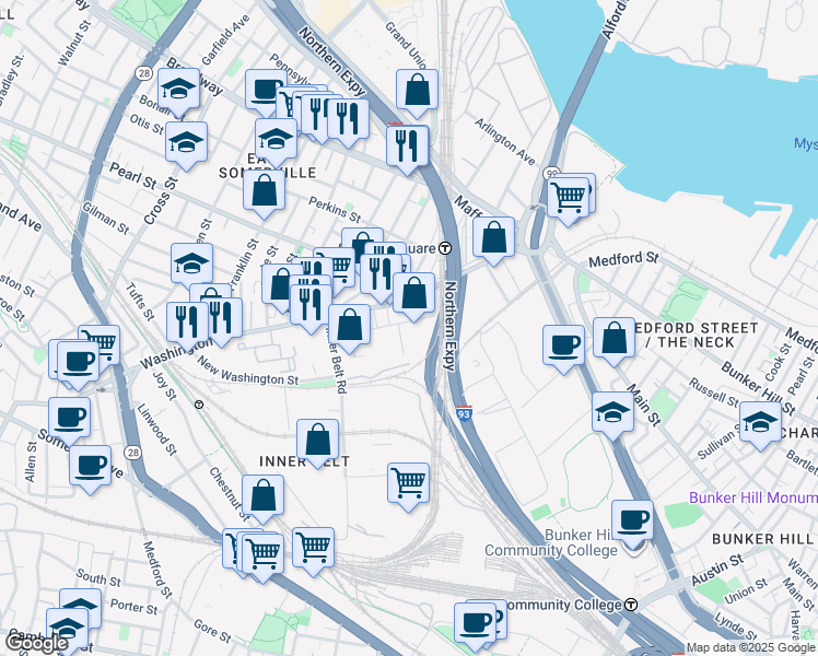 map of restaurants, bars, coffee shops, grocery stores, and more near Charlestown Roland St in Charlestown
